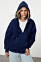 Dark Navy Blue Oversize/Relaxed Fit Zippered Thick Fleece Lined Knitted Cardigan/Sweatshirt Twoaw24Sw00188 - 2