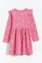 100% Cotton Rabbit Printed Ruffle Drawstring Detailed Girl's Dress - Pink - 3