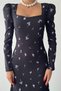 Women's Floral Print Crepe Fabric Square Neck Long Sleeve Midi Length Black Dress 208 - 7