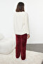 Ekru-Bordo Kalpli Wellsoft Kışlık Örme Pijama Takımı THMAW25PT00087 - 5
