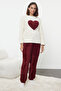 Ekru-Bordo Kalpli Wellsoft Kışlık Örme Pijama Takımı THMAW25PT00087 - 2