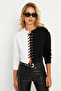 Women's White-Black Eyelet Short Sweatshirt Tf02 - 5