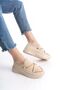 Cream High Sole Comfortable Soft Shiny Stripe Detailed Women's Casual Sports Walking Shoes Sneakers