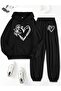 Women's Black Floral Heart Printed Hooded 3 Thread Sweat Jogger Set