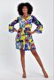 Women's Blue Yellow Patterned Button Detailed Spanish Sleeve Pompom Ethnic Authentic Dress - 2