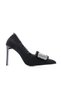 Women's Stiletto Stone Bow Detail Heeled Runle Black Suede Shoes - 3