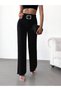 Women's High-Waist Buckled Belt Tasselled Waist Tasselled Hem Black Stretch Fabric Palazzo Jeans - 6