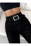 Women's High-Waist Buckled Belt Tasselled Waist Tasselled Hem Black Stretch Fabric Palazzo Jeans - 4