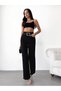 Women's High-Waist Buckled Belt Tasselled Waist Tasselled Hem Black Stretch Fabric Palazzo Jeans - 3