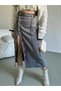 Women's Buttoned Front Long Length Black Snow Washed Anthracite Color Lycra Denim Skirt - 4