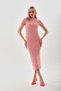 Powder Pink Body-Fitted Short Sleeve Crew Neck Below the Knee Flexible Camisole Pencil Dress - 3