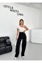 Women's Black Wide Belt High Waist Striped 2 Thread Wide Leg Sweatpants - 3
