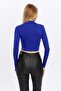 Women's Cobalt Blue Stand Collar Long Sleeve Crop Blouse - 6
