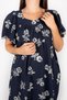 Women's Sile Cloth Short Sleeve Rose Pattern Navy Blue Dress - 2