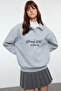 Gri Melanj Gömlek Yaka Nakışlı Regular Fit Kalın İçi Polarlı Örme Sweatshirt TWOAW24SW00182