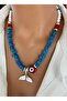 Handmade Blue Bodrum Bead Silver Fish Tail Figure Evil Eye Summer Women's Necklace in Gift Box - 2