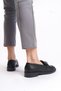 Black Leather Front Round Chain Metal Detailed Low Sole Casual Loafer Women's Shoes - 5