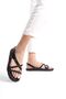 Shiny Black Women's Sandals - Comfortable Low Sole, Double Twist Pattern and Stripe Detailed Summer Slippers