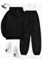 Women's Black Floral Heart Printed Hooded 3 Thread Sweat Jogger Set - 2