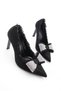 Women's Stiletto Stone Bow Detail Heeled Runle Black Suede Shoes