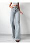 Women's High-Waist Belted , Tasselled Waist Tasselled Hem Blue Snow Wash Palazzo Jeans