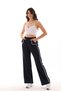 Women's Navy Blue White High Waist Design Pocketed Striped Loose Wide Leg Three Thread Sweatpants