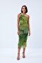 Khaki Midi Tulle Dress - Single Shoulder Drape Pattern - 6