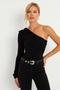 Women's Black Cross Neck Single Sleeve Snap Body B5009 - 2