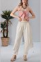 Women's Beige Mesh and Button Detailed Linen Trousers