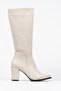 Women's Nude High Heeled Leather Look Long Boots - 2