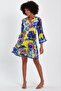 Women's Blue Yellow Patterned Button Detailed Spanish Sleeve Pompom Ethnic Authentic Dress - 3