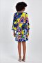 Women's Blue Yellow Patterned Button Detailed Spanish Sleeve Pompom Ethnic Authentic Dress - 4