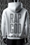 سويت شيرت أبيض بقلنسوة مطبوع من الأمام والخلف من Rap God بقصة واسعة وثلاثة خيوط