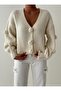 Rose embroidered snap balloon sleeve knitted cardigan