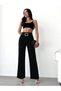 Women's High-Waist Buckled Belt Tasselled Waist Tasselled Hem Black Stretch Fabric Palazzo Jeans - 5
