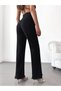 Women's High-Waist Buckled Belt Tasselled Waist Tasselled Hem Black Stretch Fabric Palazzo Jeans - 2