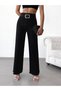 Women's High-Waist Buckled Belt Tasselled Waist Tasselled Hem Black Stretch Fabric Palazzo Jeans