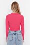 Fuchsia Buttoned Fitted Polo Neck Wrap/Textured Crop Knitted Blouse TWOAW22BZ0241 - 2