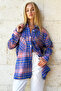 Women's Aviator Blue Plaid Patterned Cashmere Cotton Oversize Safari Jacket Shirt Alc-X10704 - 5