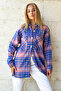 Women's Aviator Blue Plaid Patterned Cashmere Cotton Oversize Safari Jacket Shirt Alc-X10704 - 4