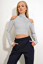 Women's White Half Turtleneck Shoulder Low-Cut Striped Blouse Alc-X12644 - 5