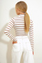 Women's Brown Half Fisherman Striped Knitted Crop Blouse Alc-X12631 - 5