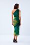 Khaki Midi Tulle Dress - Single Shoulder Drape Pattern - 7