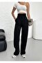 Women's Black Wide Belt High Waist Striped 2 Thread Wide Leg Sweatpants - 4