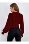 Embossed Patterned Sleeves V-Neck Buttoned Knitwear Crop Cardigan Burgundy Color - 2