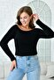 Boat Neck Crop Cut Long Sleeve Beard Knit Black Short Crop Sweater 1049 - 4