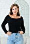 Boat Neck Crop Cut Long Sleeve Beard Knit Black Short Crop Sweater 1049 - 6