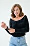 Long Sleeve Beard Knitted Short Crop Cut Boat Neck Black Sweater 1049 - 6