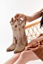 Beige Nude Cream Mink Textile Lace Fabric Western Cowboy Summer Half Boots - 2