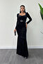 Velvet Fabric Heart Collar Fishnet Dress - Black
